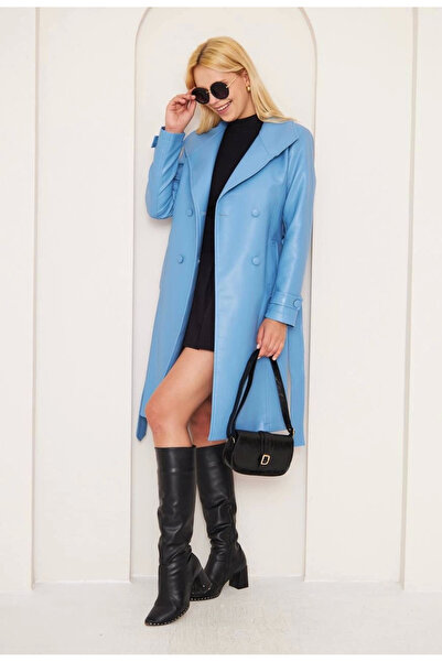 Zerenyus Long buttoned leather coat blue