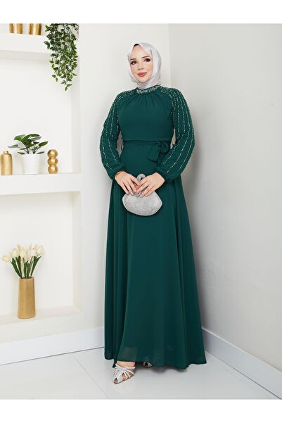 hiramir Kadın Kolları İşlemeli Astarlı Abiye Elbise YZ2501