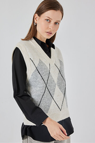 Bigdart Women's Diamond Patterned Sweater 15940 - Ecru