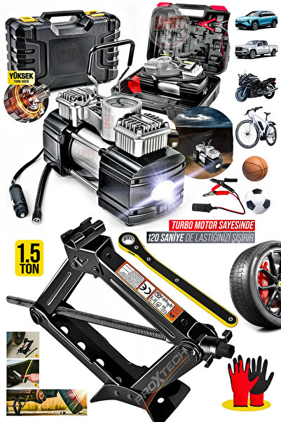 PROXTECH Pro Çift Pistonlu 12V 150 Psi 4x4 Lastik Bot Şişirme Kompresörü + Taşınabilir 1.5 Ton Cırcırlı Kriko