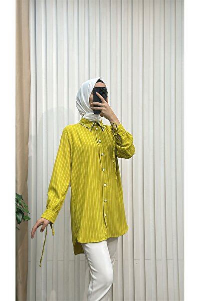 MERVE TESETTÜR بلوزة طويلة مع أكمام طويلة ورباطات عند الأطراف وياقة مزينة بال...