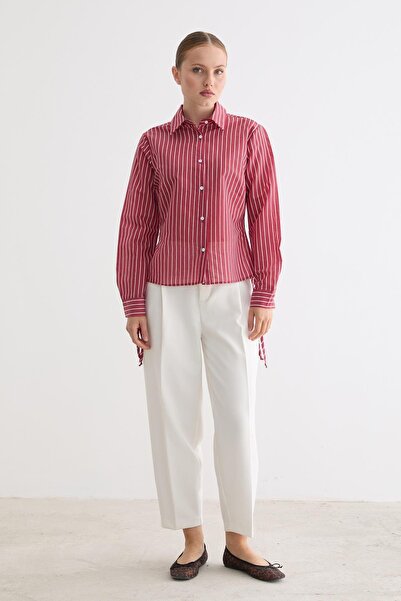 LEVURE Women's Side Gathered Lace-Up Striped Shirt Burgundy