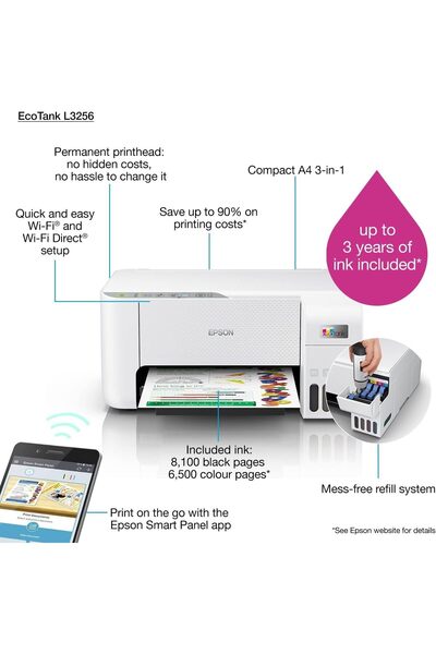 EPSON طابعة EcoTank L3256 Home بخزان حبر A4، ملونة، 3 في 1 مع WiFi وتطبيق SmartPanel