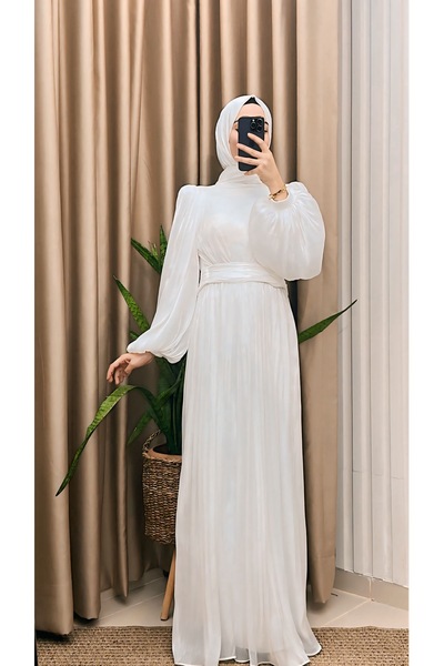 MERVE TESETTÜR Balon Kol Ve Bel Pileli Saten Tül Abiye