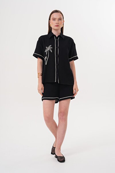 LEVURE Embroidered Detailed Buttoned Muslin Shirt Black