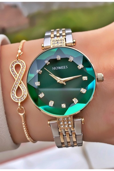 Homies ساعة يد نسائية من ماركة - تصميم فولاذي مع قرص أخضر مقطوع بالكريستال، م...