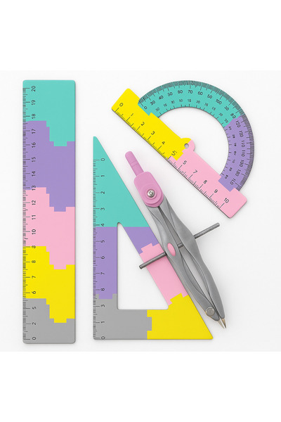 zola Geometry set 4 pieces, ruler 20 cm, square, protractor, compass, rainbow