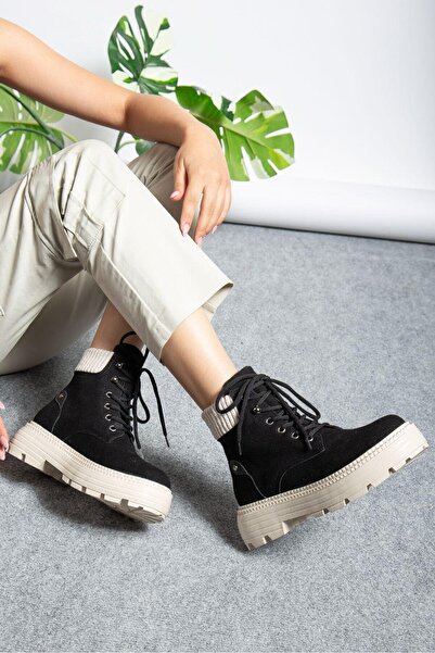 motto store Black Suede Elastic Lace-Up Flat Sole Women's Boots