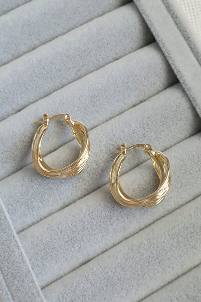 DEMOKAN Kadın Küpe Kararmaz 14k Renk Vip Seri Çizgi Dalga 2cm Halka Küpe