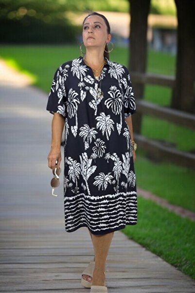 yagmurberen Palm Patterned Polo Collar Short Sleeve Relaxed Fit Medium-Length Cotton Viscose Plus Size Dress