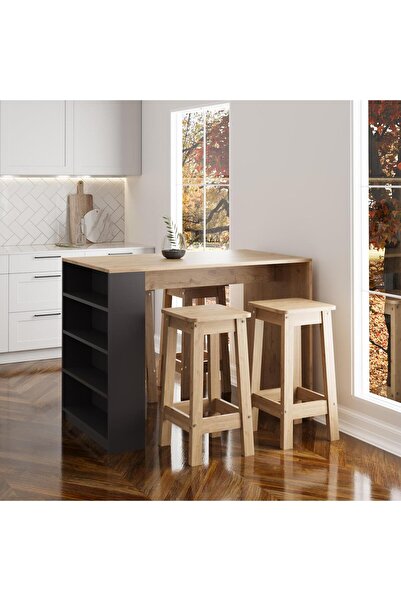 Bimossa Pablo G4922 4 Adet Sepet Tabureli Bar Masası Sepet Antrasit 4 Raflı Depolamalı Modern Mutfak Masası