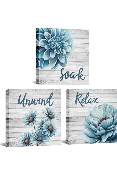 Emoda home Trove لوحة فنية جدارية للحمام باللون الأزرق من ALAYRA I Happy، مكونة من 3 قطع، مقاس 30×30 سم، زهور الأقحوان والداليا