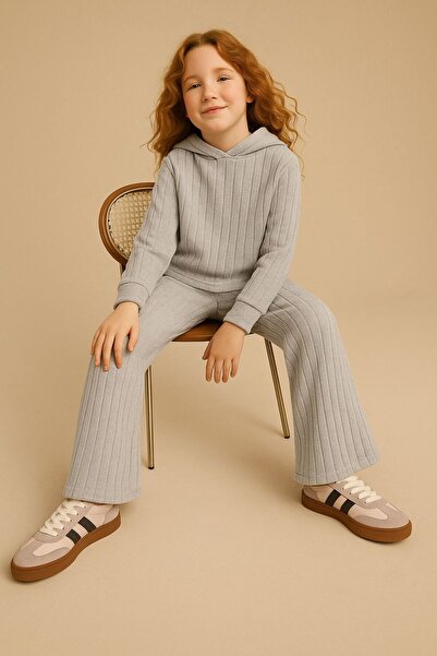 LOUİSA Girl's Gray Corduroy Knitted Fabric Hooded Sweatshirt-Spanish Leg Trousers Set