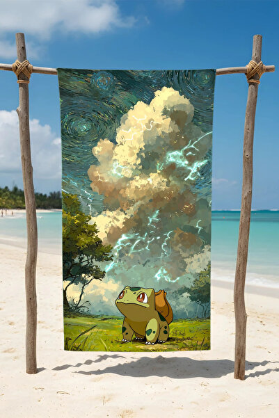 BETHA Βαμβακερή πετσέτα παραλίας – Σχέδιο Bulbasaur – 75x150 cm