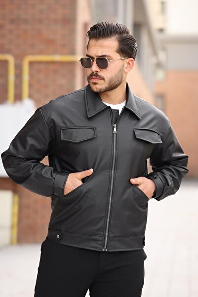 ByTrend Cep Detail Stand Collar Faux Leather Jacket Bl 1848_50455-1