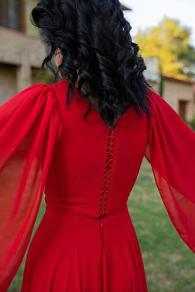 berissima bride Helix V Yaka Drapeli Kloş Abiye Elbise