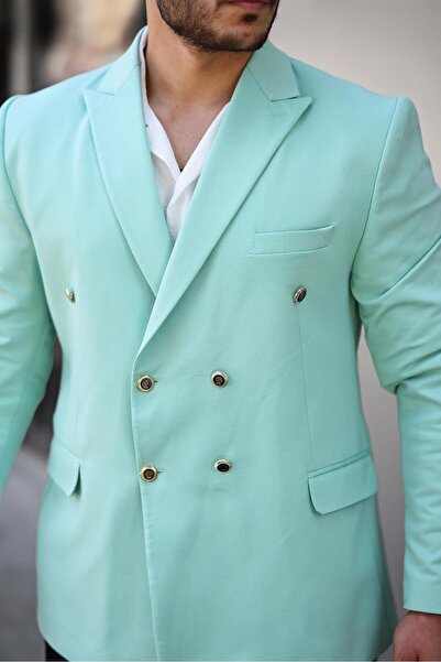 SABRİ ZENGİN Erkek Mint Slim Fit Penye Kumaş Kruvaze Ceket