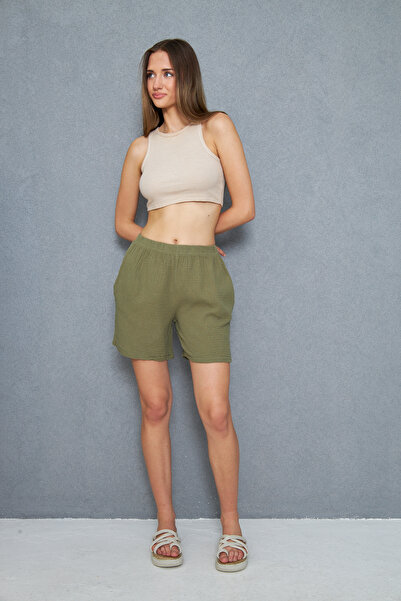 ESPOİRPLUS Women's Summer Muslin Fabric Comfortable and Fresh 3-Piece Shorts with Pocket Detail