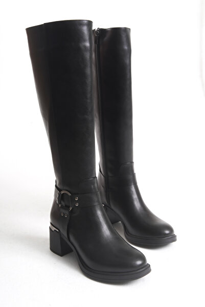 MALENTA حذاء نسائي بكعب سميك مع تفاصيل معدنية وإبزيم دائري - حذاء أنيق بنعل ح...