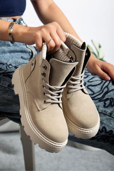 motto store Beige Suede Elastic Lace-Up Flat Sole Women's Boots