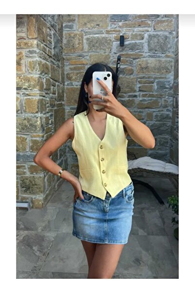 lovmi Women's V-Neck Buttoned Lined Linen Vest