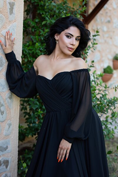 berissima bride Lona Kalp Yaka Drapeli Şifon Kloş Abiye Elbise