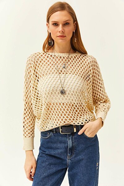 FAA BUTİK Kadın Bej Uzun Kol Yuvarlak Yaka Ajurlu Salaş Kaşındırmaz Delikli Crop Triko Bluz