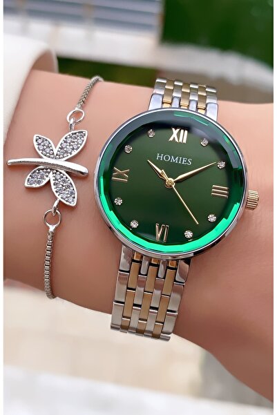 Homies ساعة يد نسائية – تصميم أنيق مع سوار فولاذي فضي ذهبي اللون، مع هدية سوار