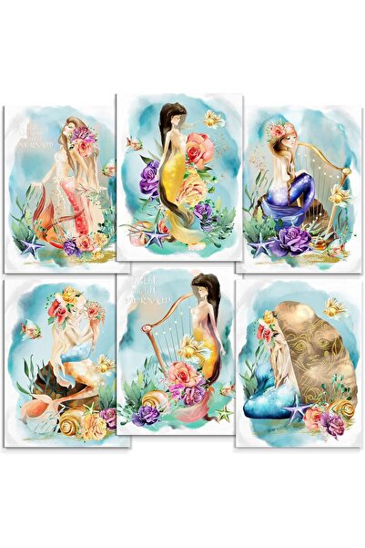 Emoda home Trove ملصقات جدارية فنية لأميرة حورية البحر من ألايرا، 6 قطع، مقاس 20×30 سم، بدون إطار لغرفة البنات