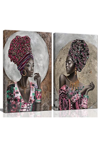 Emoda home Trove مجموعة من قطعتين من لوحة فنية قماشية أمريكية أفريقية مؤطرة باللونين الأسود والذهبي من ALAYRA، مقاس 30×40 سم للمنزل