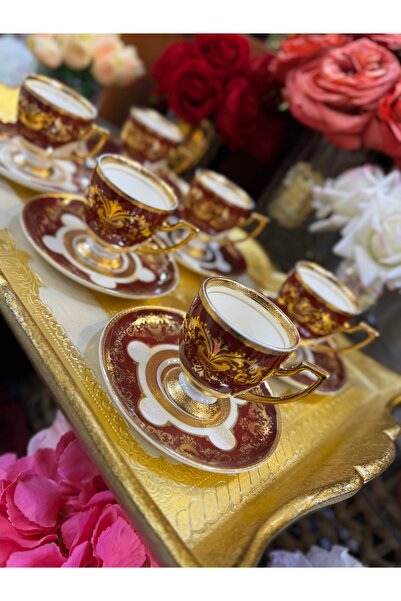 hediye Esterhomedecor 6-Person Porcelain Coffee Cup Set Burgundy