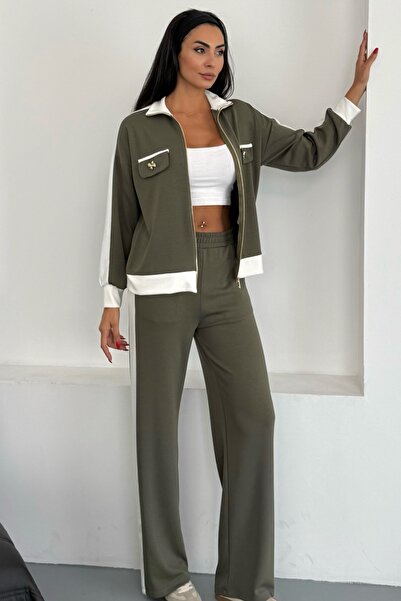 Ded COLLECTION Women's Gold Bow Ornament Pocket Thick Stripe Detailed Sporty Stylish Modal Suit