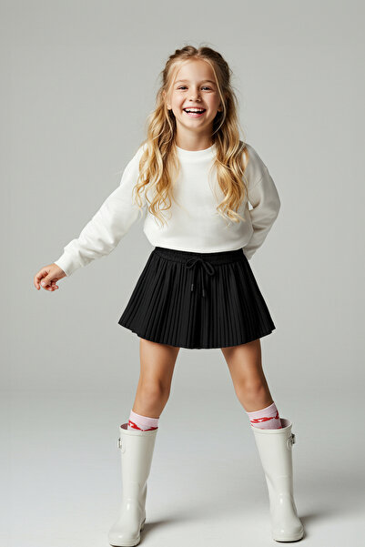 TRENDYOLKIDS Fusta neagră de școală pentru fete, 100% bumbac, simplă, țesută, cu pantaloni scurți TKDAW26ET00001