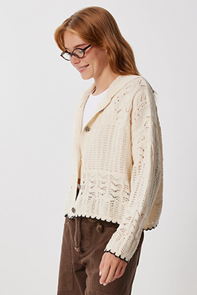 Happiness İstanbul Women's Beige Contrast Stripe Knitwear Cardigan Mx00267