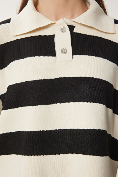 Happiness İstanbul Pulover de damă, negru crem, elegant, cu guler cu nasturi, tricotat cu dungi BV00115