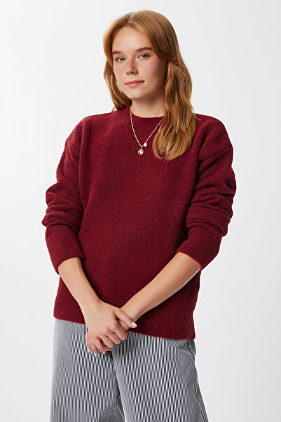 Happiness İstanbul Women's Burgundy Basic Wool Sweater Ki̇00168