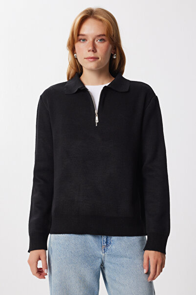 Happiness İstanbul Women's Anthracite Zippered Collar Basic Knitwear Sweater Pf00122