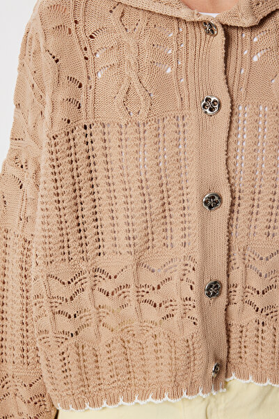 Happiness İstanbul Women's Beige Contrast Stripe Knitwear Cardigan Mx00267