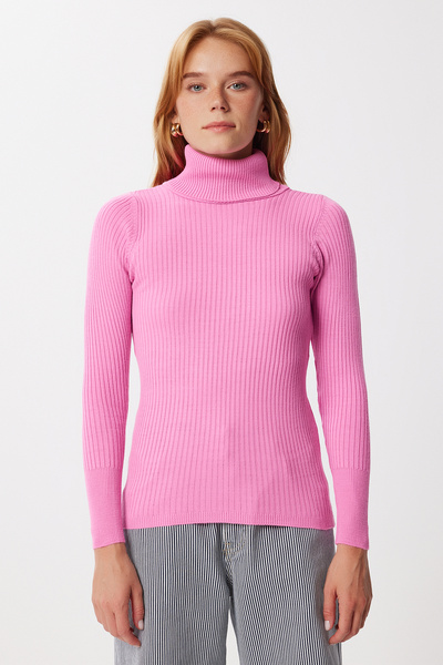 Happiness İstanbul Women's Light Pink High-Rise Ribbed Lycra Sweater DD01007