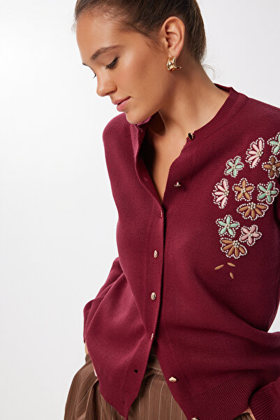 Happiness İstanbul Women's Burgundy Embroidered Beaded Knitwear Cardigan Nx00009