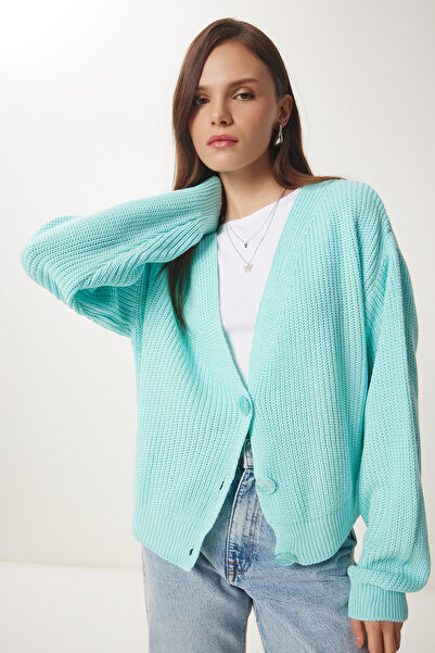 Happiness İstanbul Γυναικεία πλεκτή ζακέτα με πράσινη λαιμόκοψη V με κουμπιά MX00175