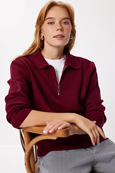 Happiness İstanbul Women's Burgundy Zippered Collar Basic Knitwear Sweater Pf00122