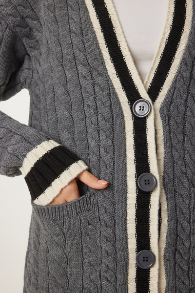 Happiness İstanbul Women's Gray Contrast Color Knitted Knitwear Cardigan Yy00229