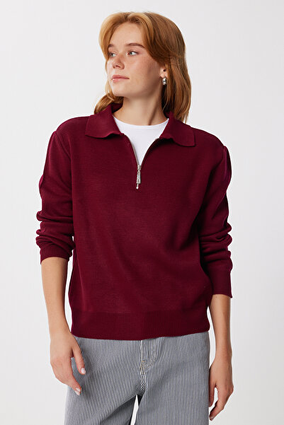 Happiness İstanbul Women's Burgundy Zippered Collar Basic Knitwear Sweater Pf00122