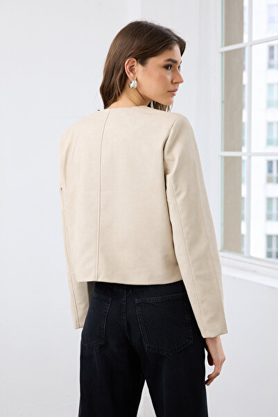 Trendyol Collection Stone Buttoned Pocket Detailed Vintage Look Woven Faux Leather Jacket Twoaw26Ce00018