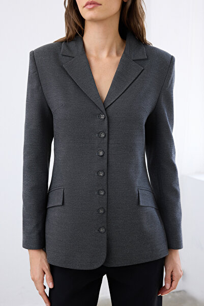 Trendyol Collection Anthrazitfarbene, mit Knöpfen versehene, figurbetonte, gewebte Blazerjacke TWOAW26BC00047