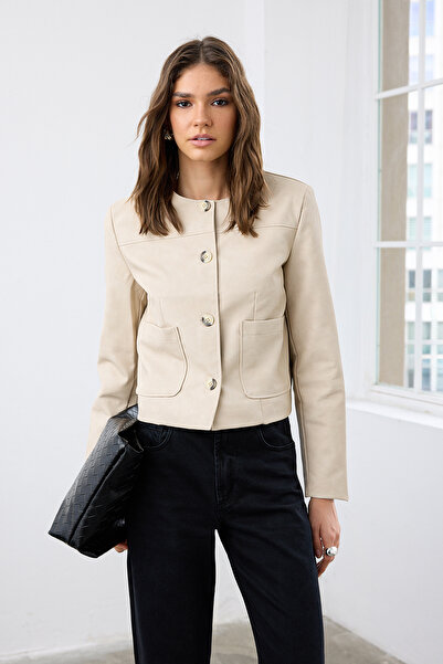 Trendyol Collection Stone Buttoned Pocket Detailed Vintage Look Woven Faux Leather Jacket Twoaw26Ce00018