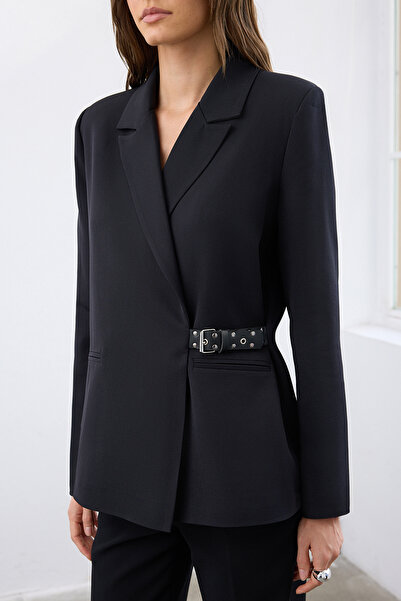 Trendyol Collection Jachetă blazer țesută cu model obișnuit/norimal, cu centură neagră, accesoriu pentru centură TWOAW26BC00027