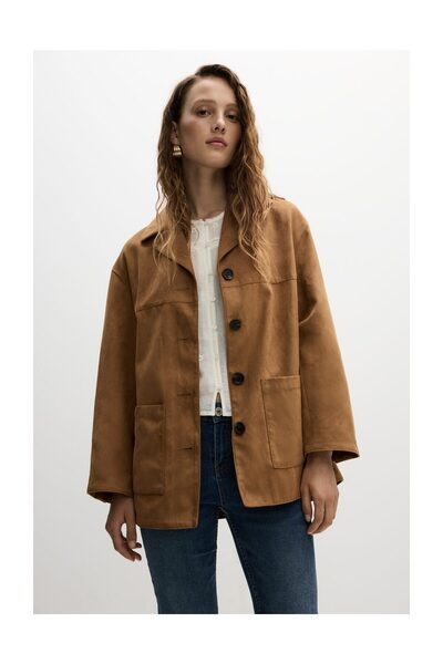 Damen Lange Kunstwildleder-Jacke