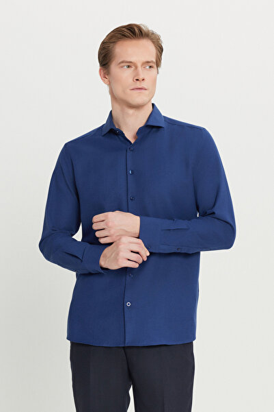 AC&Co / Altınyıldız Classics Чоловіча темно-синя сорочка з вузьким кроєм, вузьким італійським коміром та рукавами з манжетами